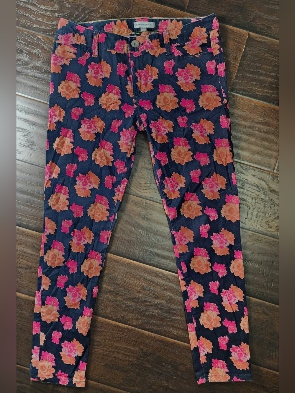 Banana Republic Navy Floral Straight Leg Pants - Pink & Peach Flowers